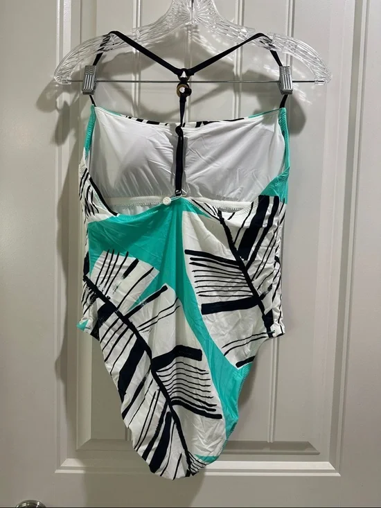 Trina Turk Tropical Leaf One-Piece Swimsuit in Teal and White - Picture 2 of 7